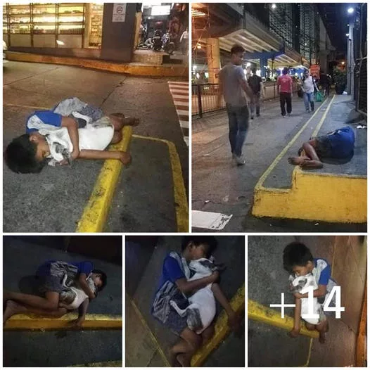 A homeless boy clings to his puppy for love and warmth while everyone else walks by, indifferent to their plight.